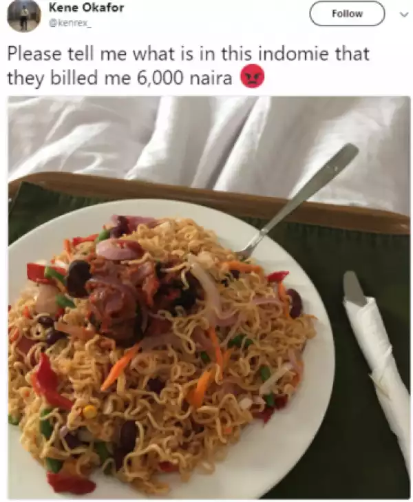 Twitter User Laments After He Was Charged N6,000 For A Plate Of Noddles